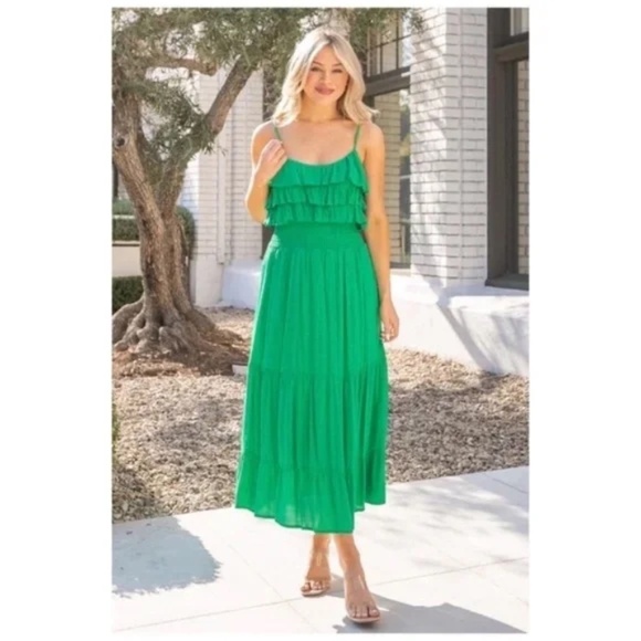Emerald Green Rayon Gauze Ruffle Smocked Waist Sleeveless Midi Dress - Picture 2 of 6